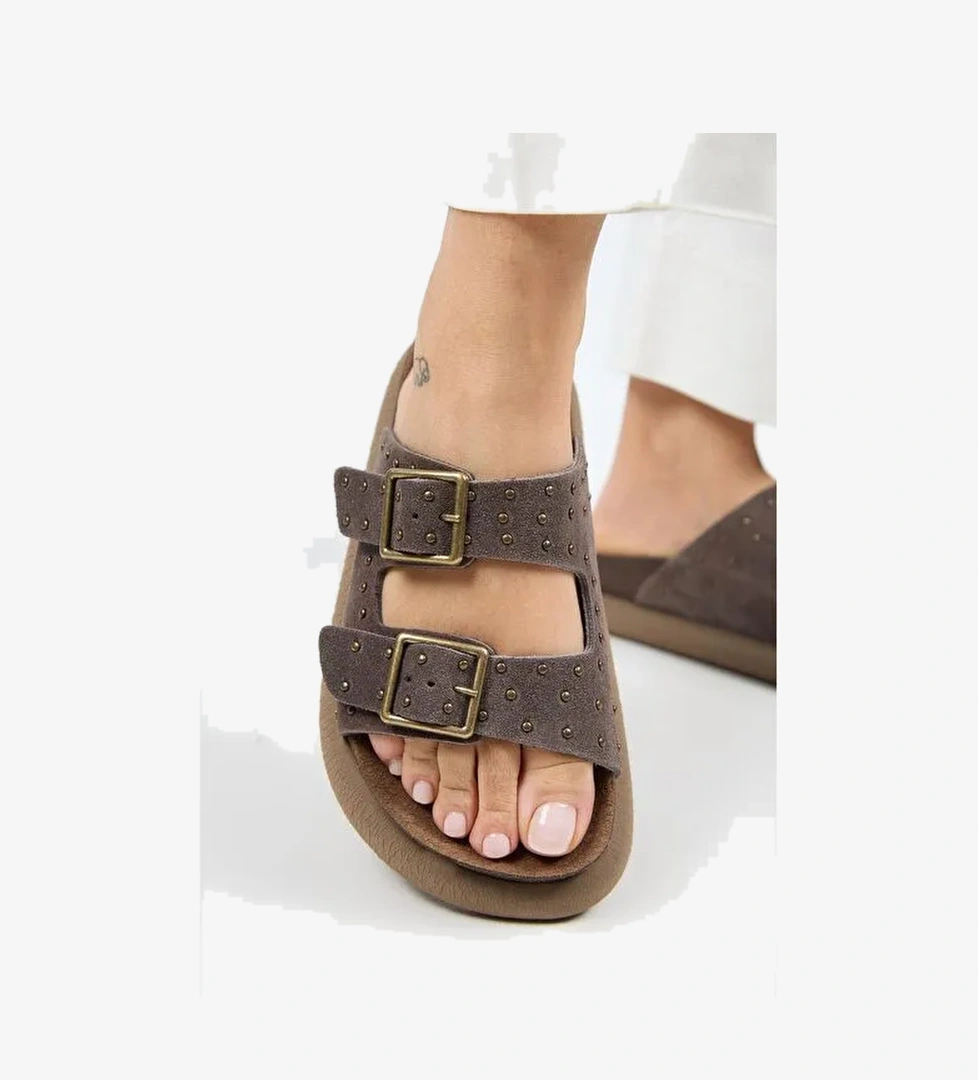 Manijero (Sude) Kadın Hakiki Deri Çift Tokalı Troklu Açık Kahve Terlik - Görsel 1