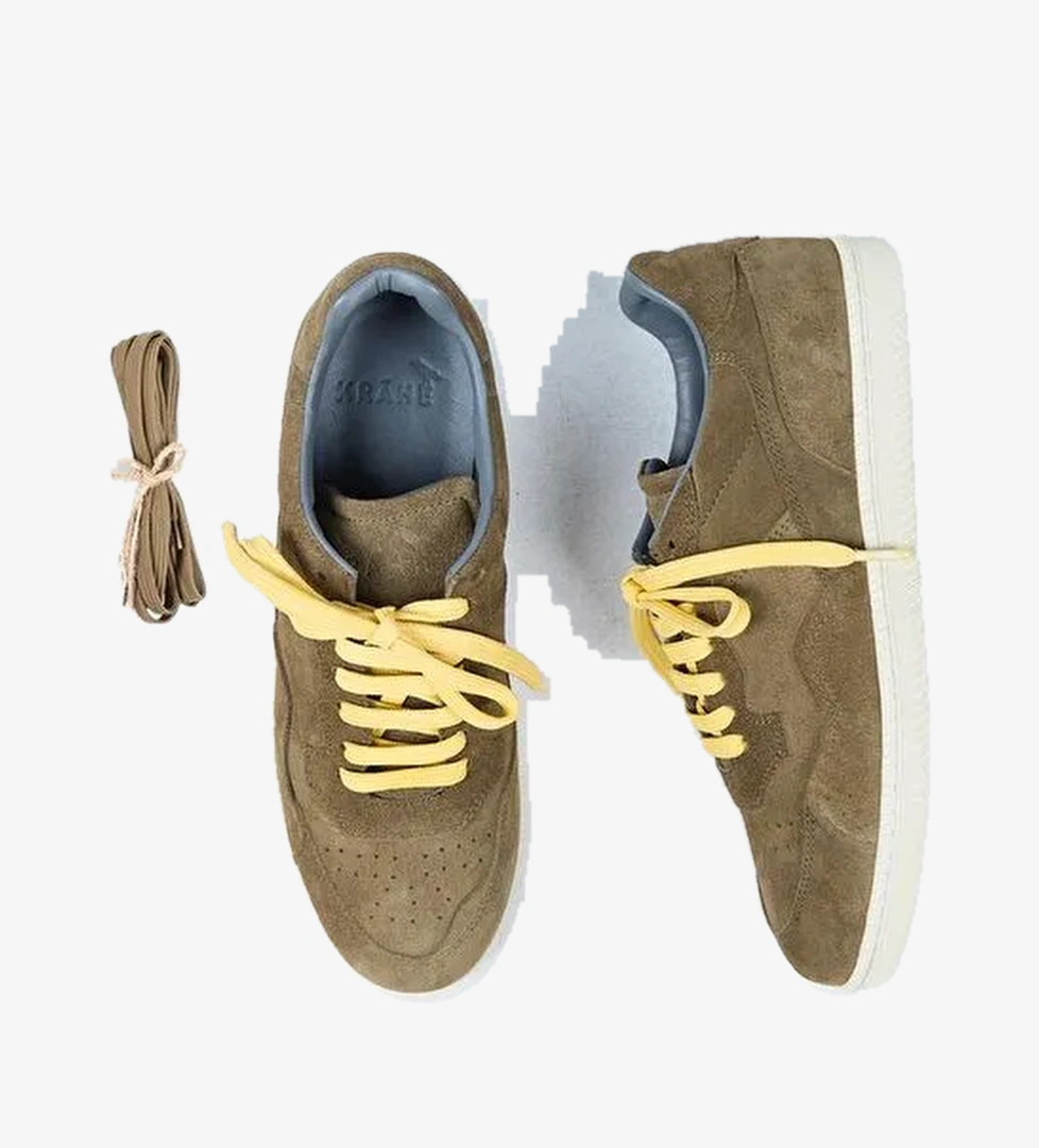 Krahe Zeus Erkek Hakiki Deri El Boyamalı Bağcık Ve İki Yedek Bağcıklı Haki Sneakers - Görsel 1