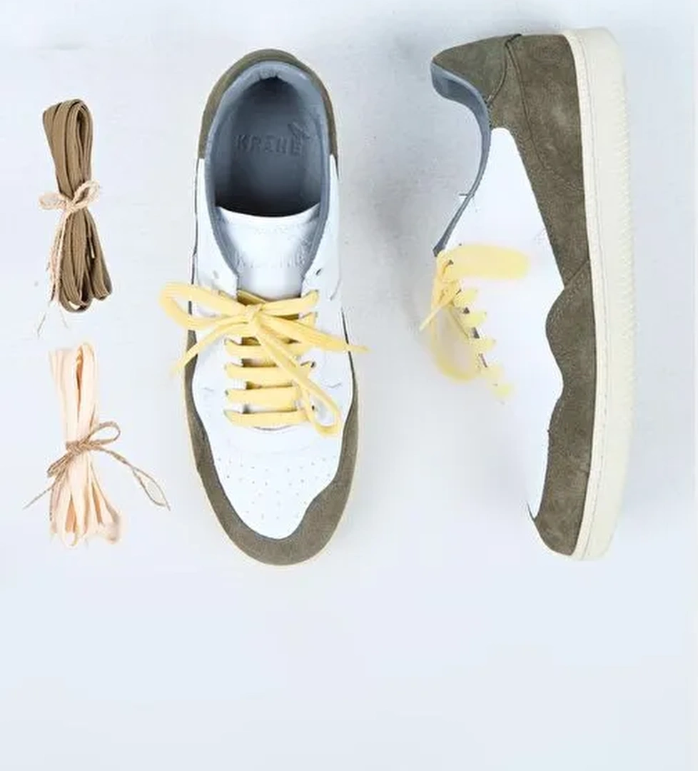 Krahe Artemis Erkek Hakiki Deri El Boyamalı Bağcık Ve İki Yedek Bağcıklı Beyaz-Haki Sneakers - Görsel 1