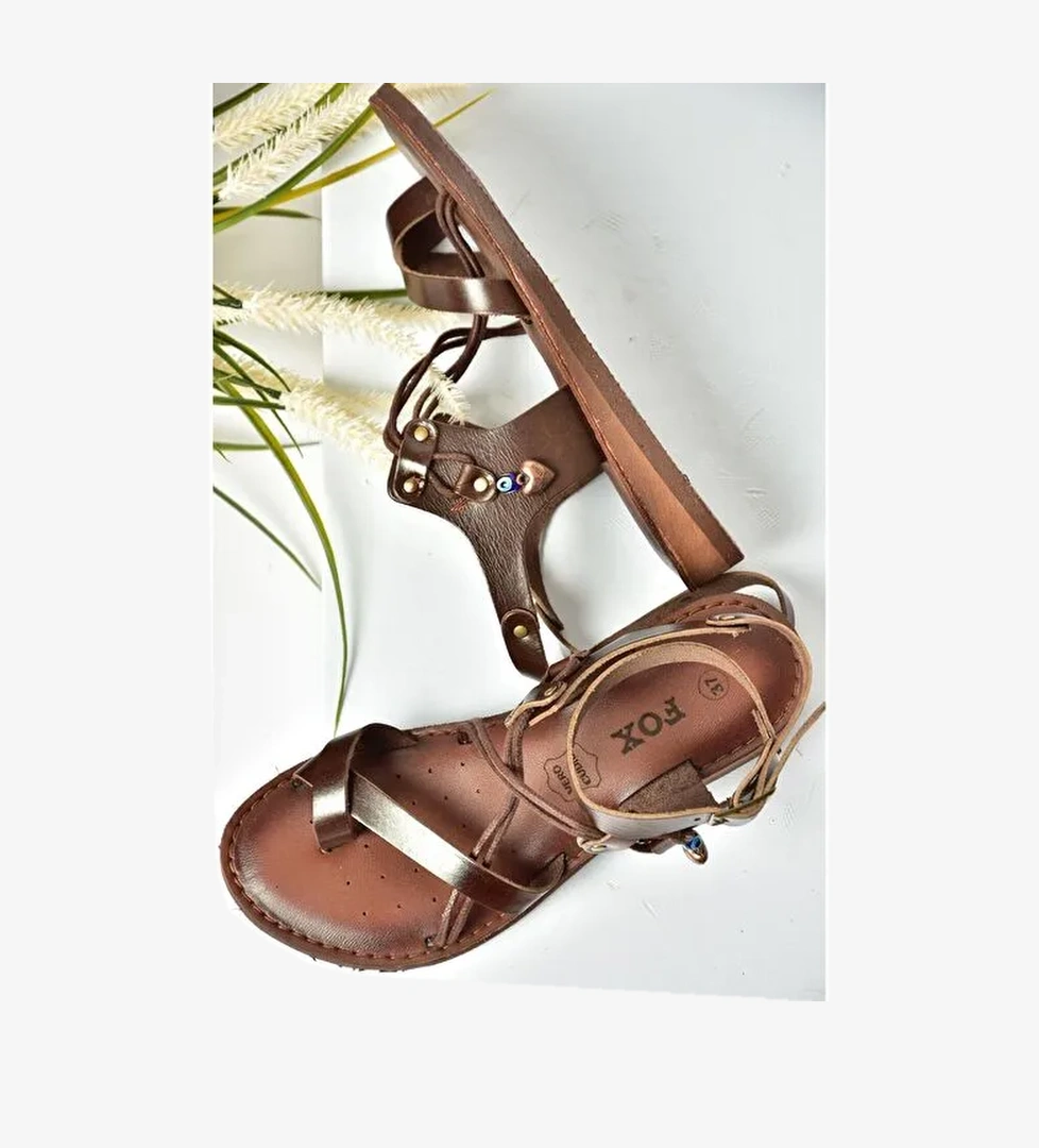 S374781503 Kahverengi Hakiki Deri Parmak Arası Kadın Sandalet - Görsel 1