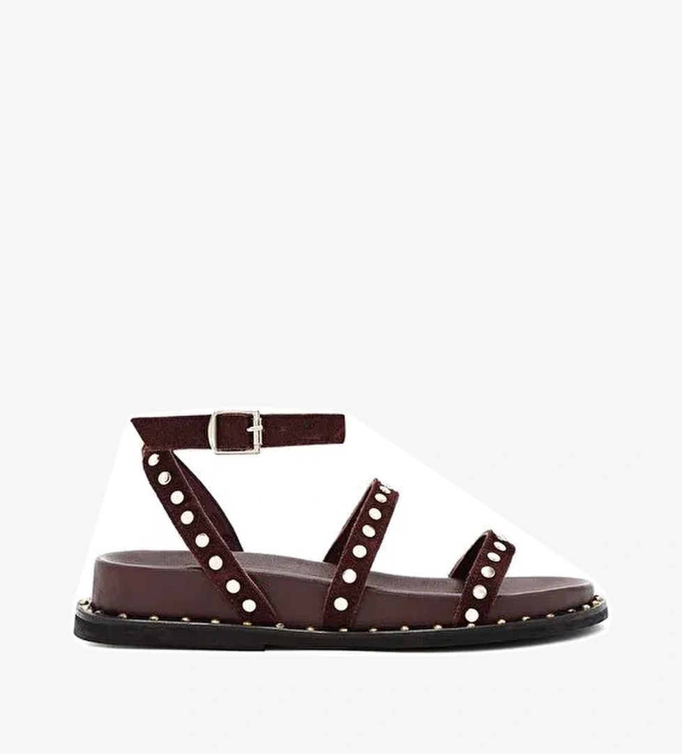 Kadın Kahverengi Bilekten Bağlamalı Metal Detaylı Süet Deri Sandalet 25SFD270310 - Görsel 1