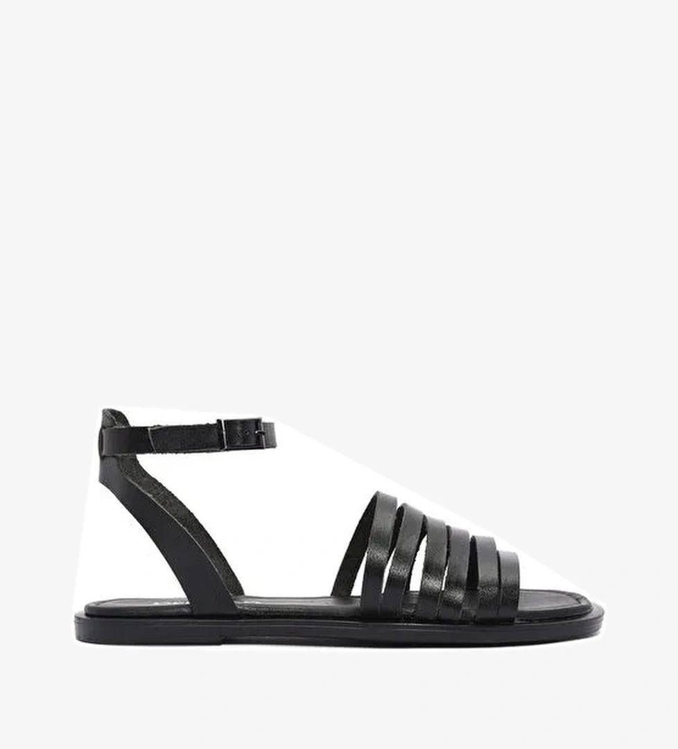 Kadın Siyah Bilekten Bağlamalı Deri Bodrum Sandalet 25SFD333318 - Görsel 1