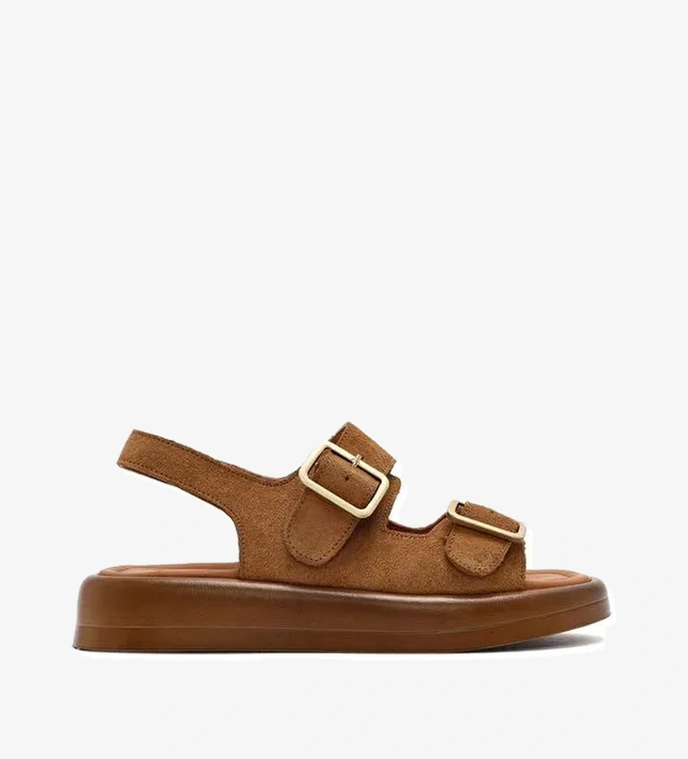 Kadın Vizon Arakdan Tokalı Kalın Tabanlı Süet Deri Sandalet 25SFD362310 - Görsel 1