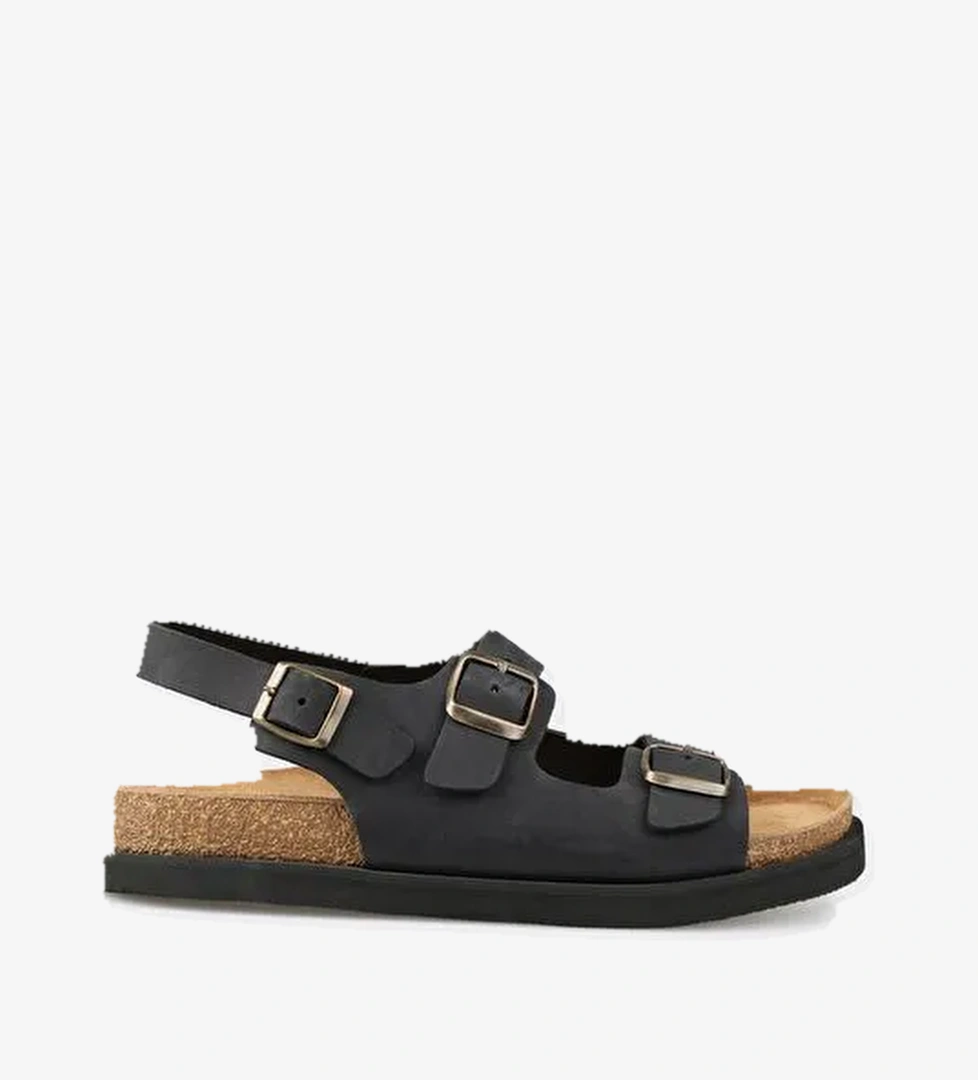 Siyah Deri Erkek Günlük Sandalet - Görsel 1