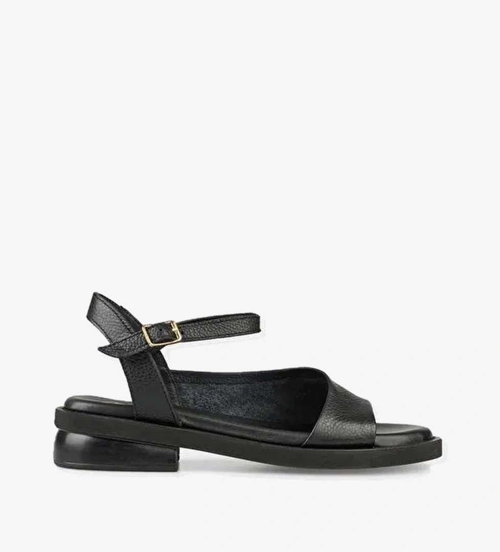 Siyah Deri Kadın Düz Sandalet - Görsel 1