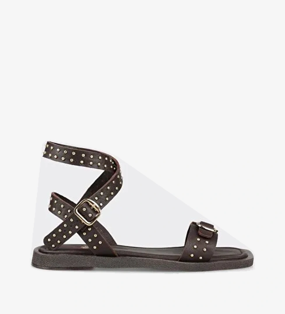 Kahve Deri Kadın Düz Sandalet - Görsel 1