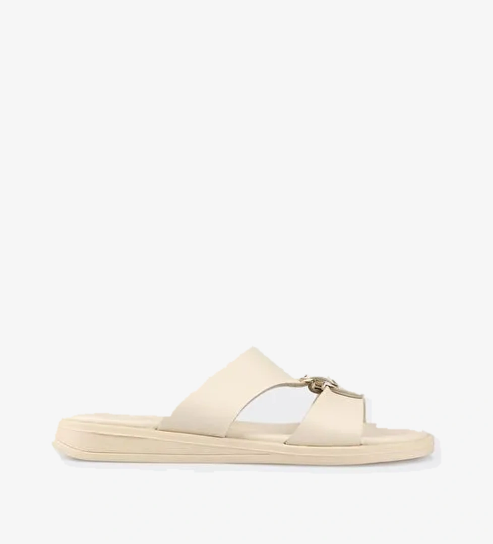 Bej Deri Kadın Düz Terlik - Görsel 1