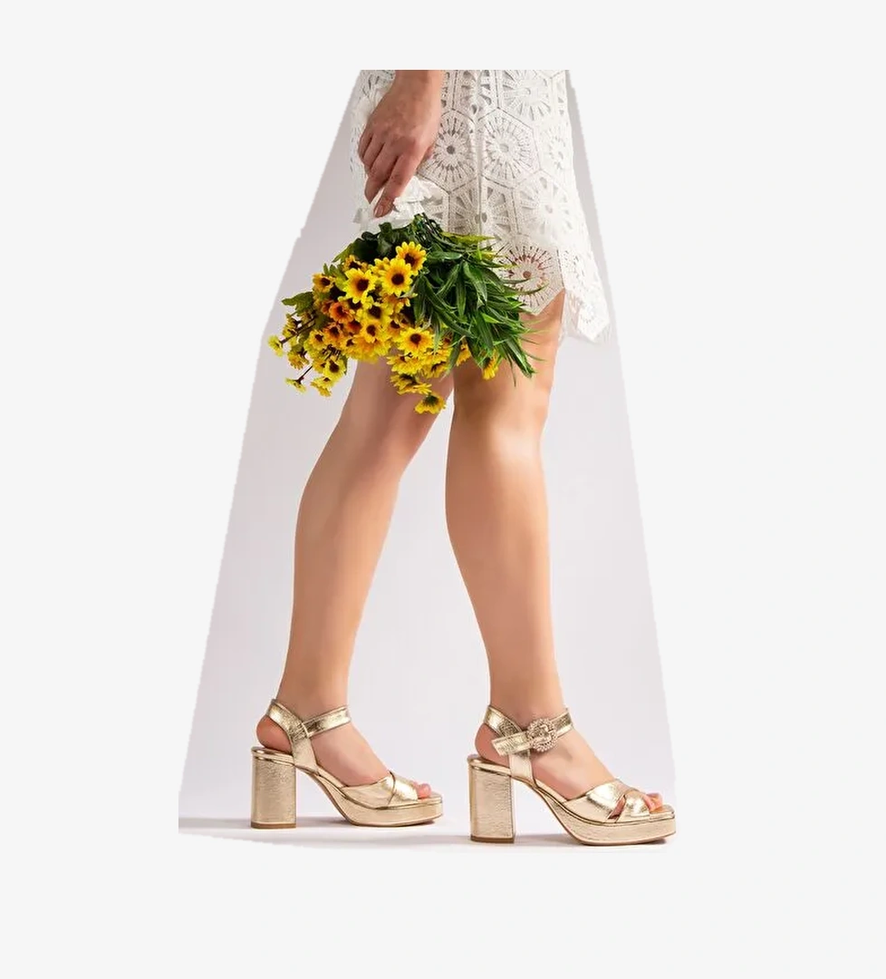 Jenna Kadın Gelinlik Platform Topuklu Ayakkabı Altın Kristal - Görsel 1