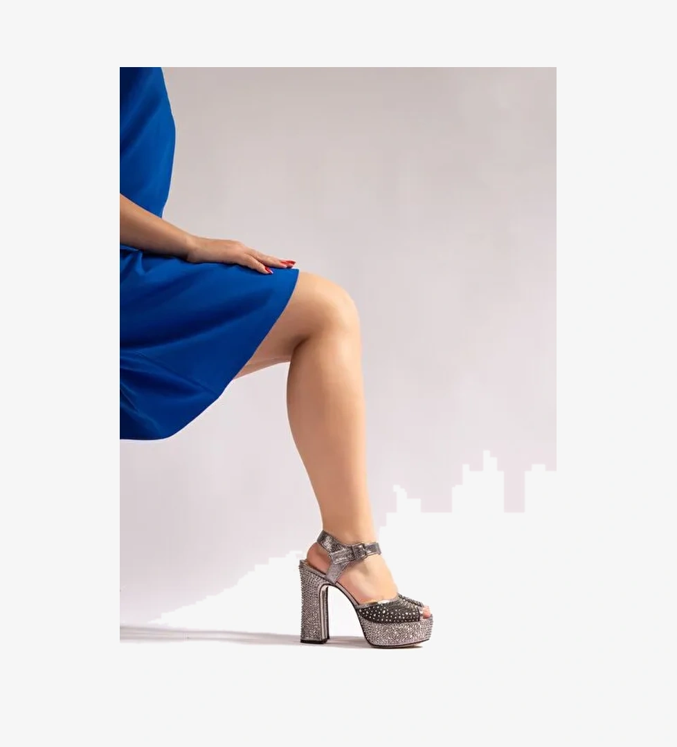 Snow Kadın Abiye Platform Topuklu Ayakkabı Antrasit Taşlı - Görsel 1