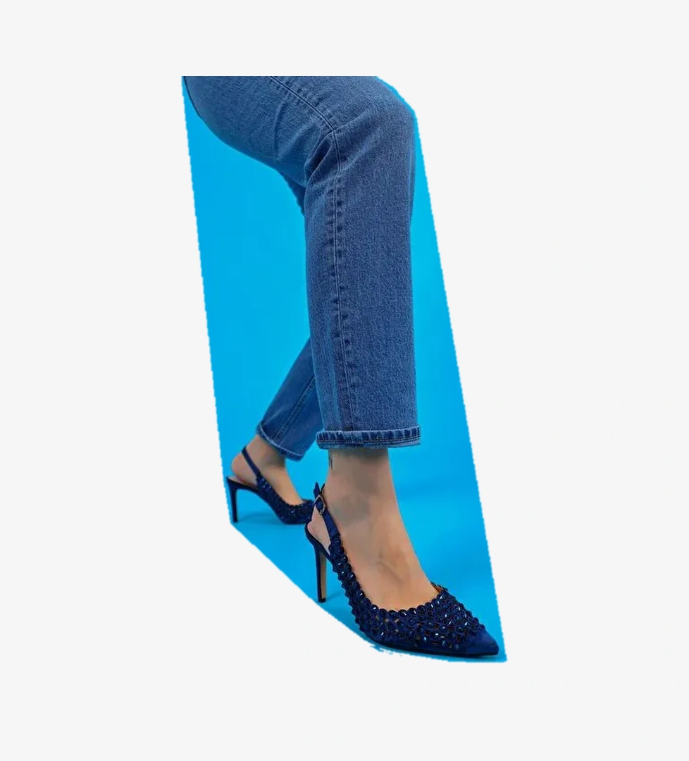 Sakura Kadın Topuklu Sandalet Lacivert Saten - Görsel 1