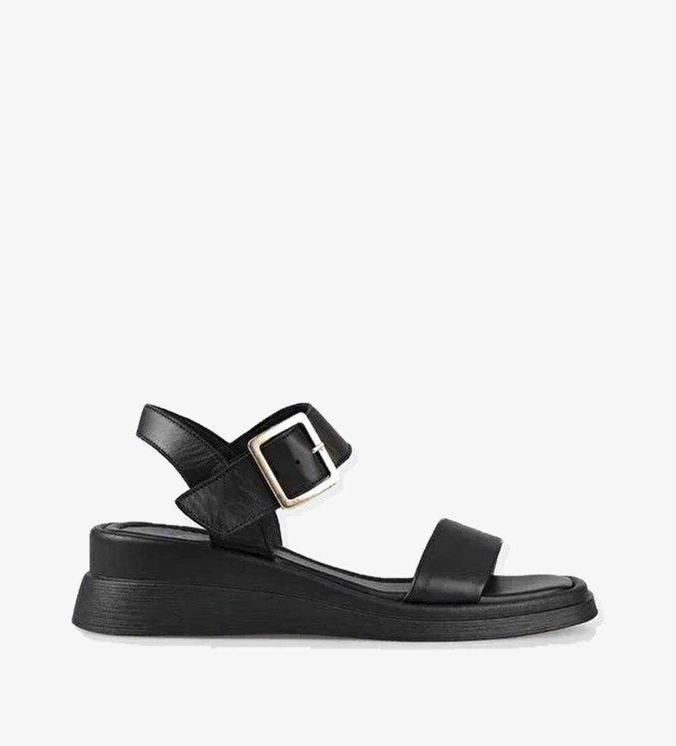 Siyah Deri Kadın Dolgu Topuk Sandalet - Görsel 1