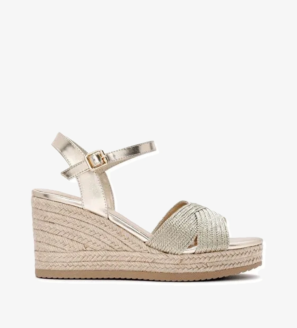 Kadın Altın Bilekten Bantlı Metalik Dolgu Topuklu Espadril 25SFE480632 - Görsel 1