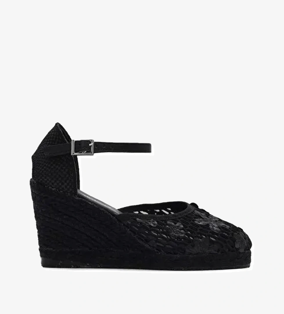 Kadın Siyah Bilekten Bantlı Desenli Dolgu Topuklu Espadril 25SFD20756F - Görsel 1