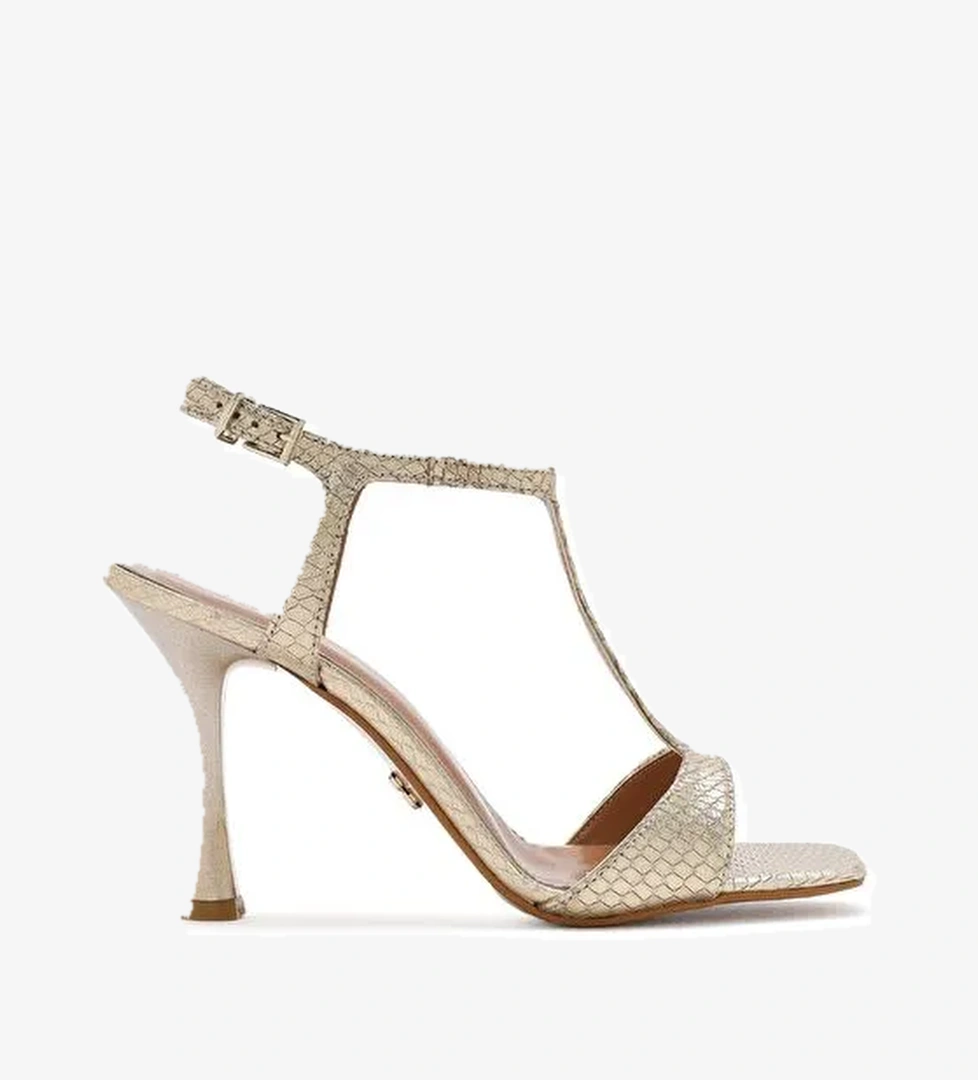 Kadın Altın Bilekten Bantlı Desenli Deri İnce Yüksek Topuklu Sandalet 25SFD1614MY - Görsel 1