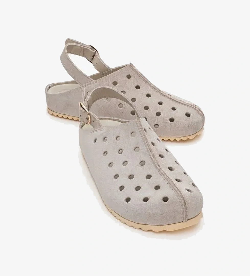 JUSTA Bej Süet Hakiki Deri Kadın Sandalet - Görsel 1