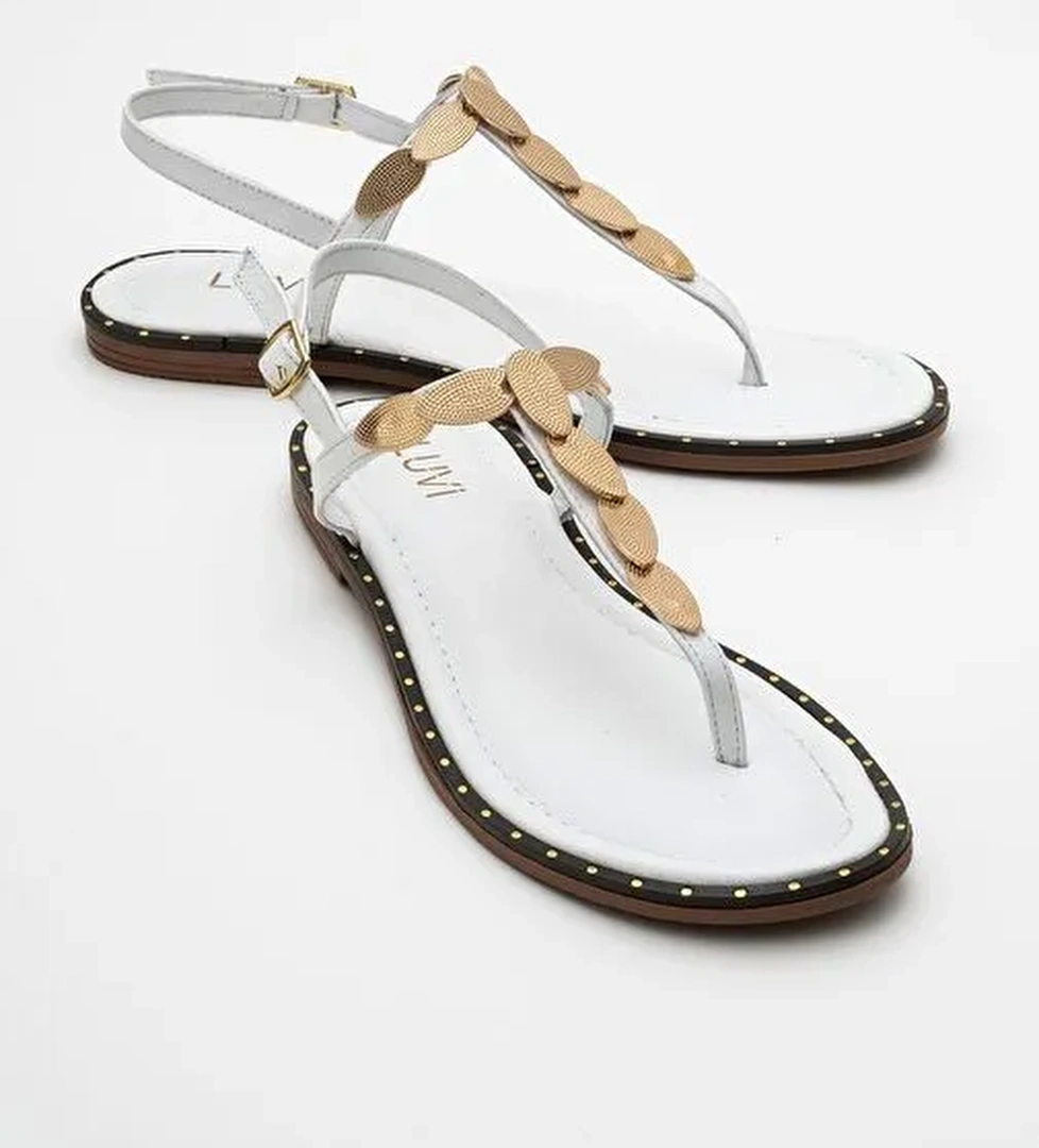 MAREA Beyaz Hakiki Deri Parmak Arası Gold Tokalı Kadın Sandalet - Görsel 1