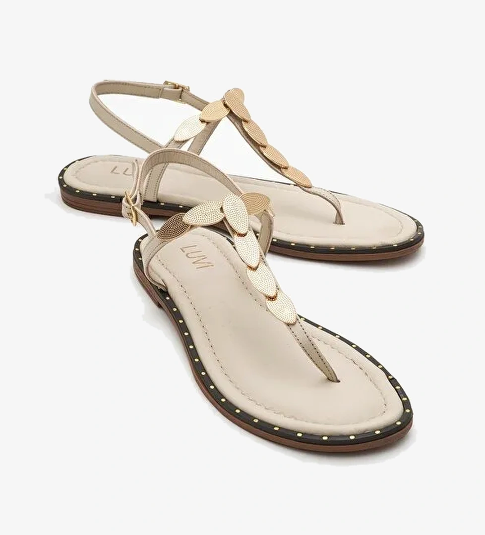 MAREA Bej Hakiki Deri Parmak Arası Gold Tokalı Kadın Sandalet - Görsel 1