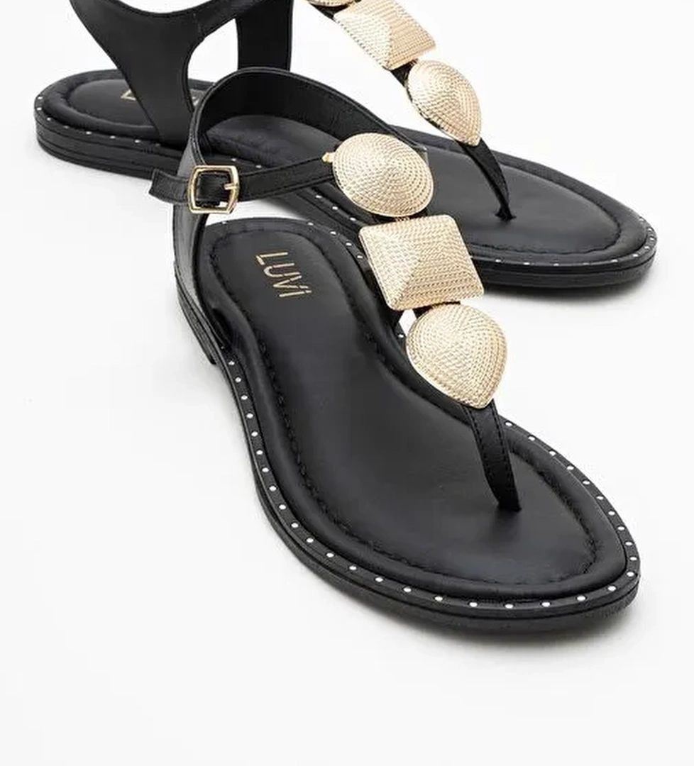 HELEN Siyah Hakiki Deri Parmak Arası Gold Tokalı Kadın Sandalet - Görsel 1