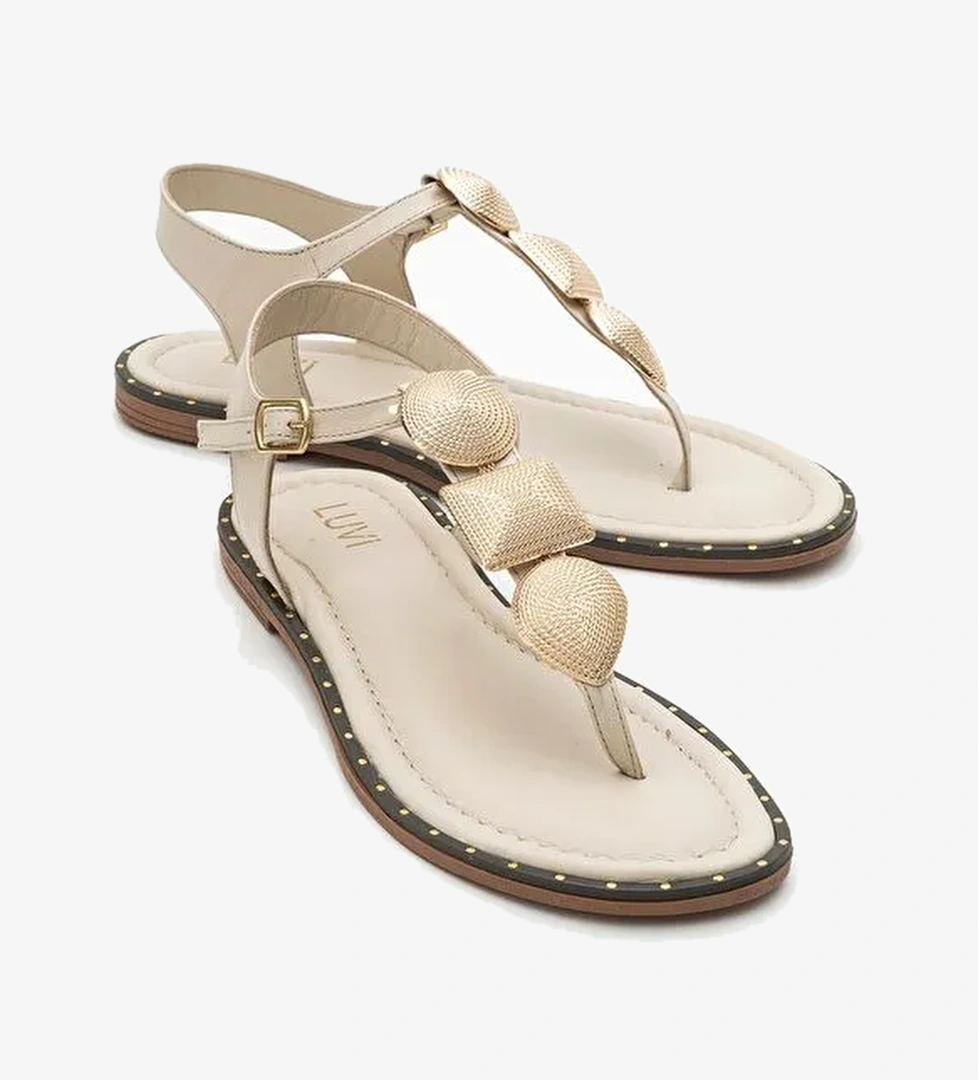 HELEN Bej Hakiki Deri Parmak Arası Gold Tokalı Kadın Sandalet - Görsel 1