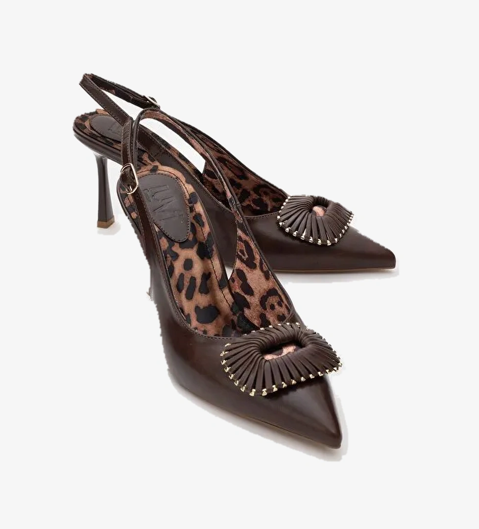 SPERA Kahverengi Desenli Tokalı Kadın İnce Topuklu Ayakkabı - Görsel 1