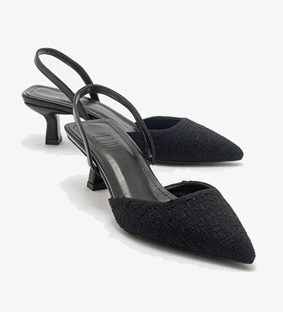 OVER Siyah Tüvit Sivri Burun Kısa Topuklu Kadın Ayakkabı - Görsel 1