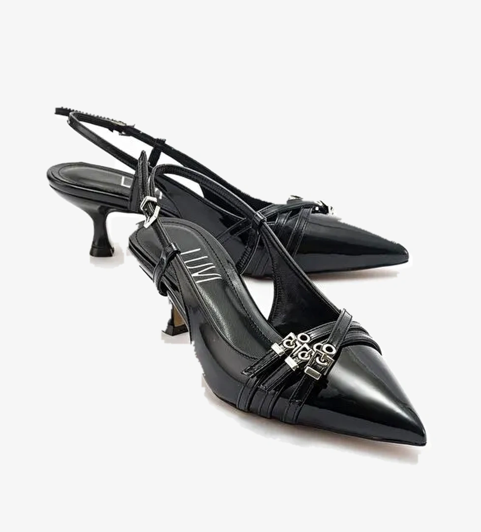 WOSS Siyah Rugan Kemer Detaylı Kadın Topuklu Ayakkabı - Görsel 1