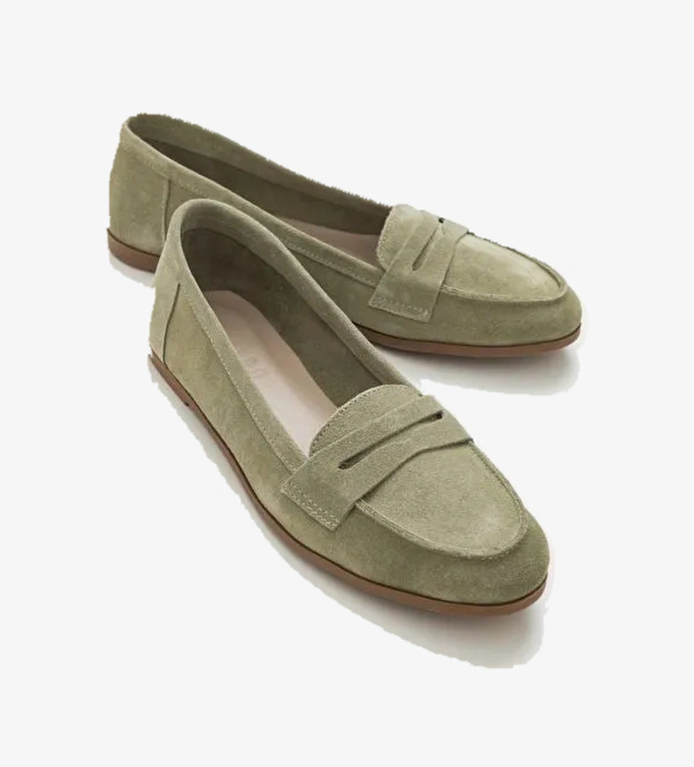 F02 Açık Yeşil Süet Hakiki Deri Kadın Loafer Ayakkabı - Görsel 1