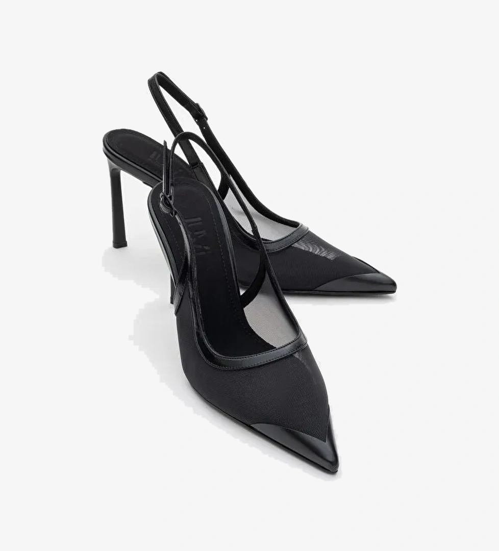 VENAS Siyah Fileli Kadın Yüksek Topuklu Ayakkabı - Görsel 1