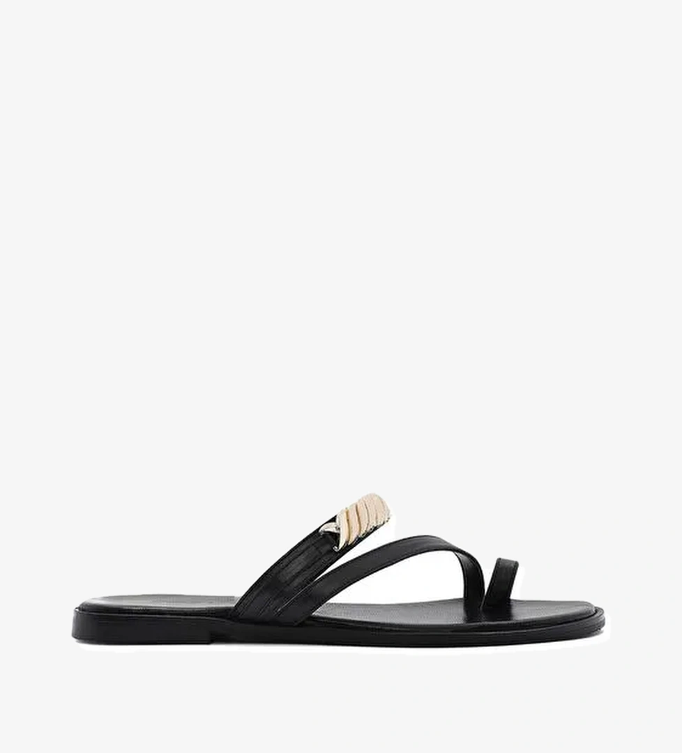 Kadın Siyah Taşlı Parmak Arası Deri Terlik 25SFD160618 - Görsel 1