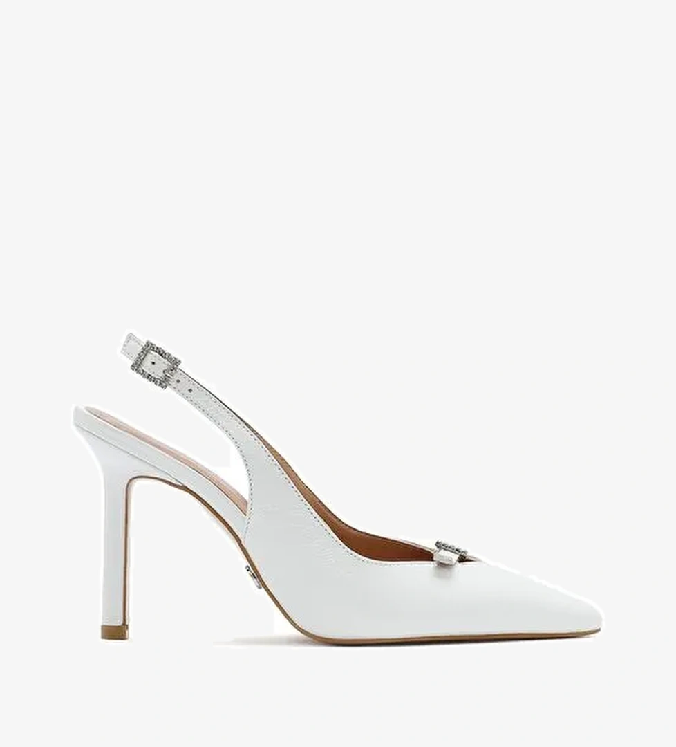 Kadın Beyaz Bilekten Tokalı Arkası Açık İnce Topuklu Deri Ayakkabı 25SFD162316 - Görsel 1
