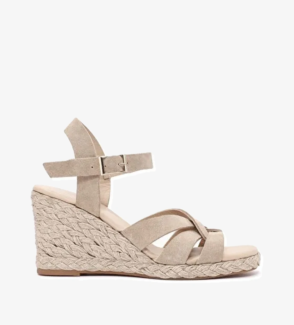 Kadın Krem Bilekten Bağlamalı Dolgu Topuklu Süet Deri Espadril 25SFD153310 - Görsel 1