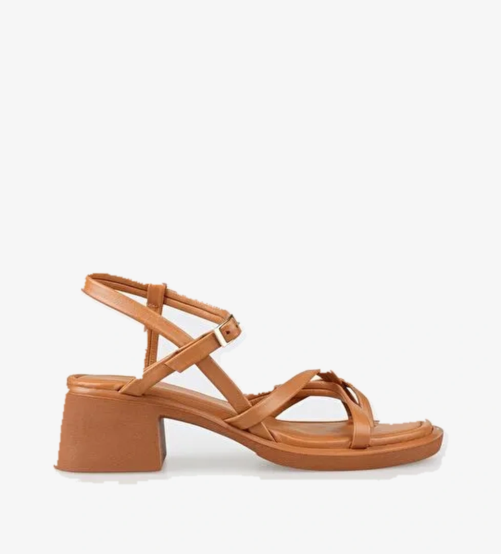 Taba Deri Kadın Topuklu Sandalet - Görsel 1