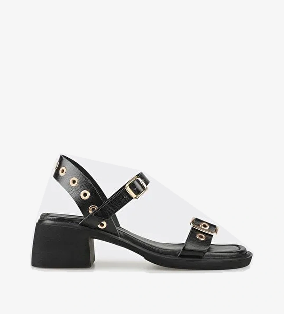 Siyah Deri Kadın Günlük Sandalet - Görsel 1