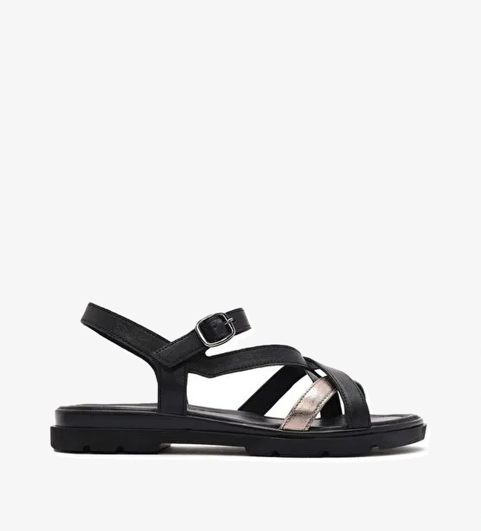 Kadın Siyah Bilekten Tokalı Deri Sandalet 25SFD341614 - Görsel 1