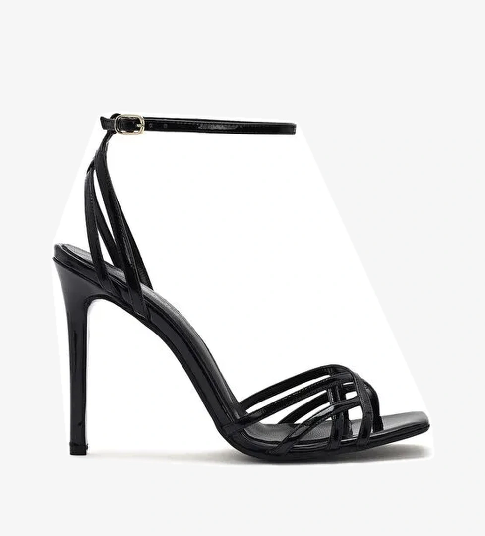 Kadın Siyah Bilekten Bağlamalı İnce Yüksek Topuklu Rugan Deri Sandalet 25SFD161116 - Görsel 1