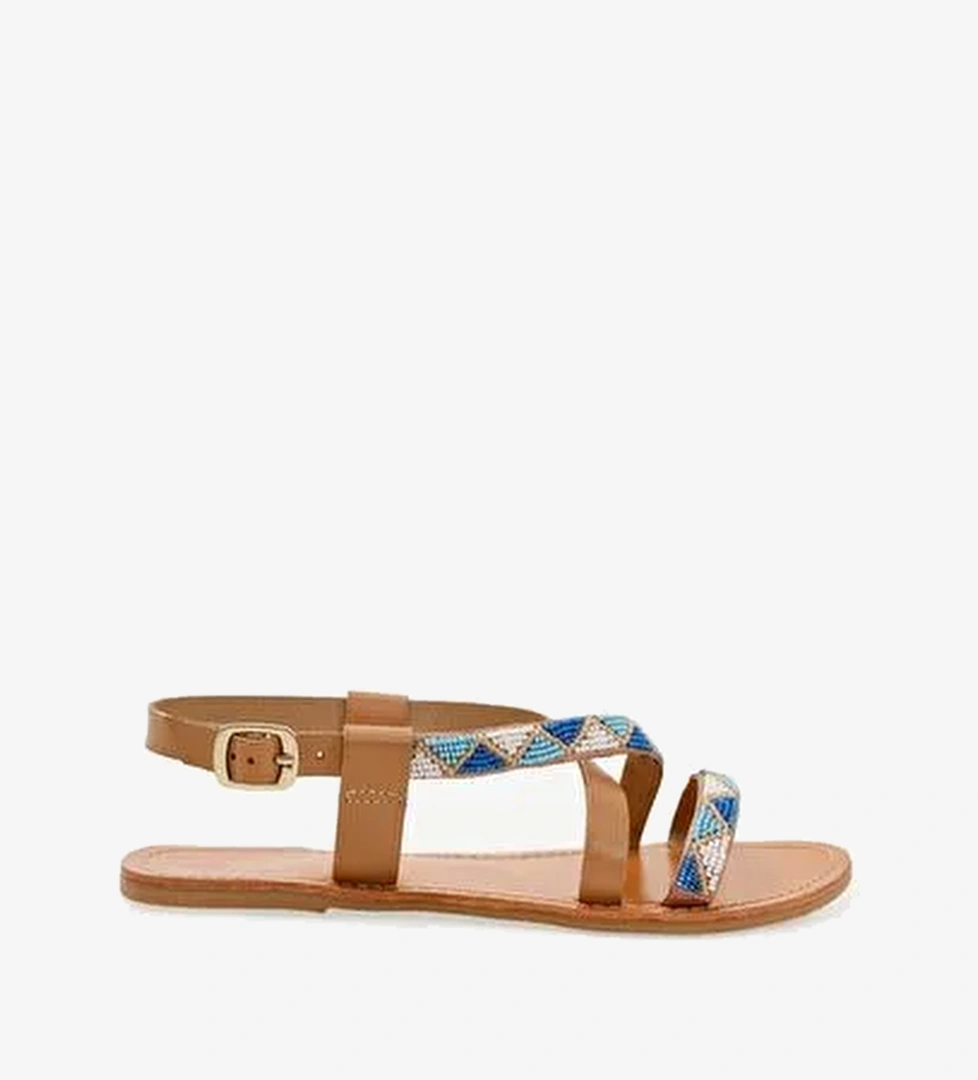 Boncuk İşlemeli Deri Sandalet - Görsel 1