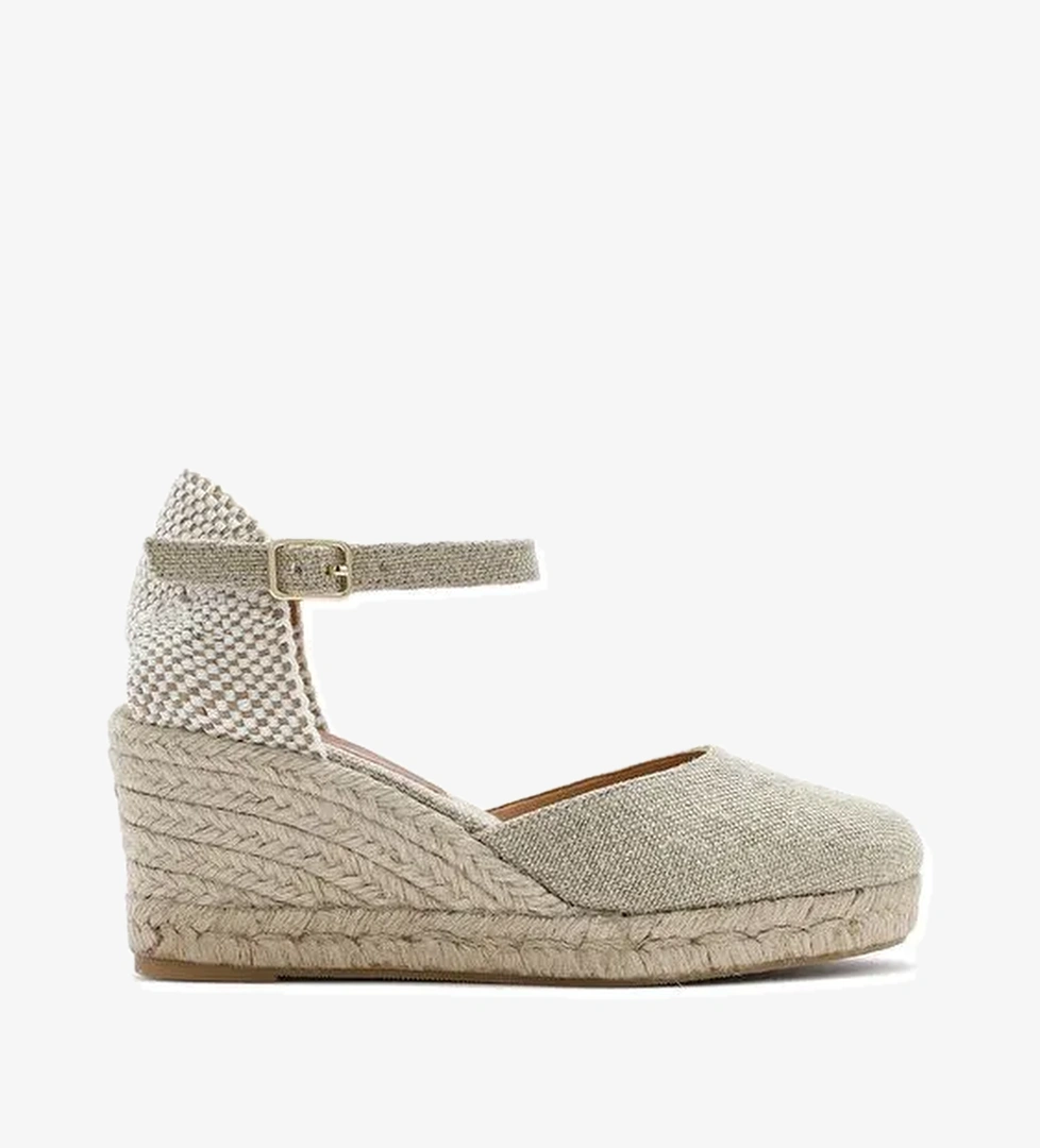 Kadın Bej Bilekten Tokalı Dolgu Topuklu Kumaş Espadril Sandalet 25SFD45756F - Görsel 1