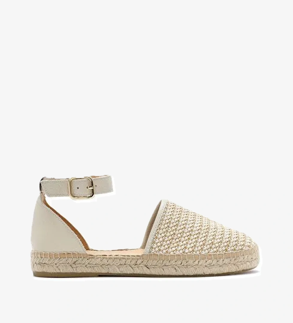 Kadın Bej Bilekten Tokalı Hasır Deri Espadril Sandalet 25SFD4573M7 - Görsel 1