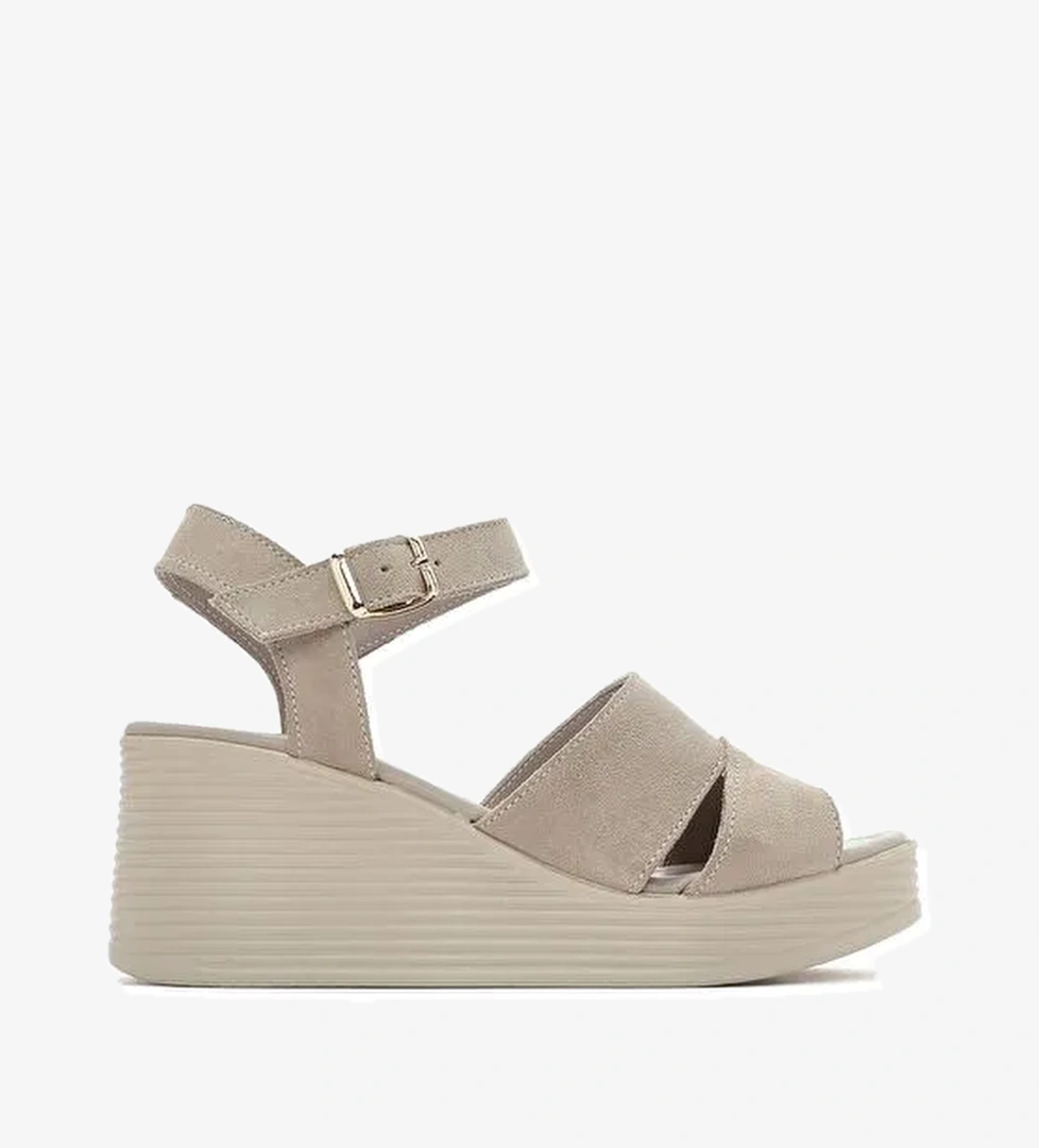 Kadın Gri Dolgu Topuklu Süet Deri Sandalet 25SFD181110 - Görsel 1