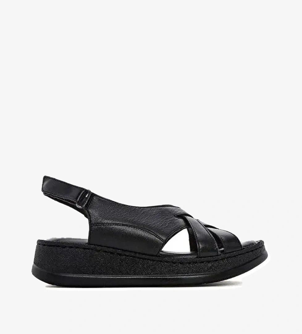 Kadın Siyah Kalın Tabanlı Deri Comfort Sandalet 25SFD321518 - Görsel 1