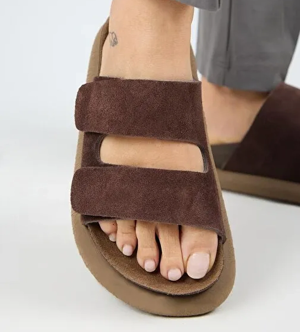 Manijero Lillo Kadın Hakiki Deri Çift Cırtlı Açık Kahve Terlik - Görsel 1