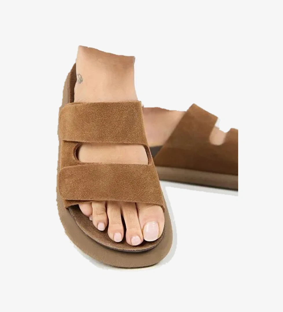 Manijero Lillo Kadın Hakiki Deri Çift Cırtlı Taba Terlik - Görsel 1