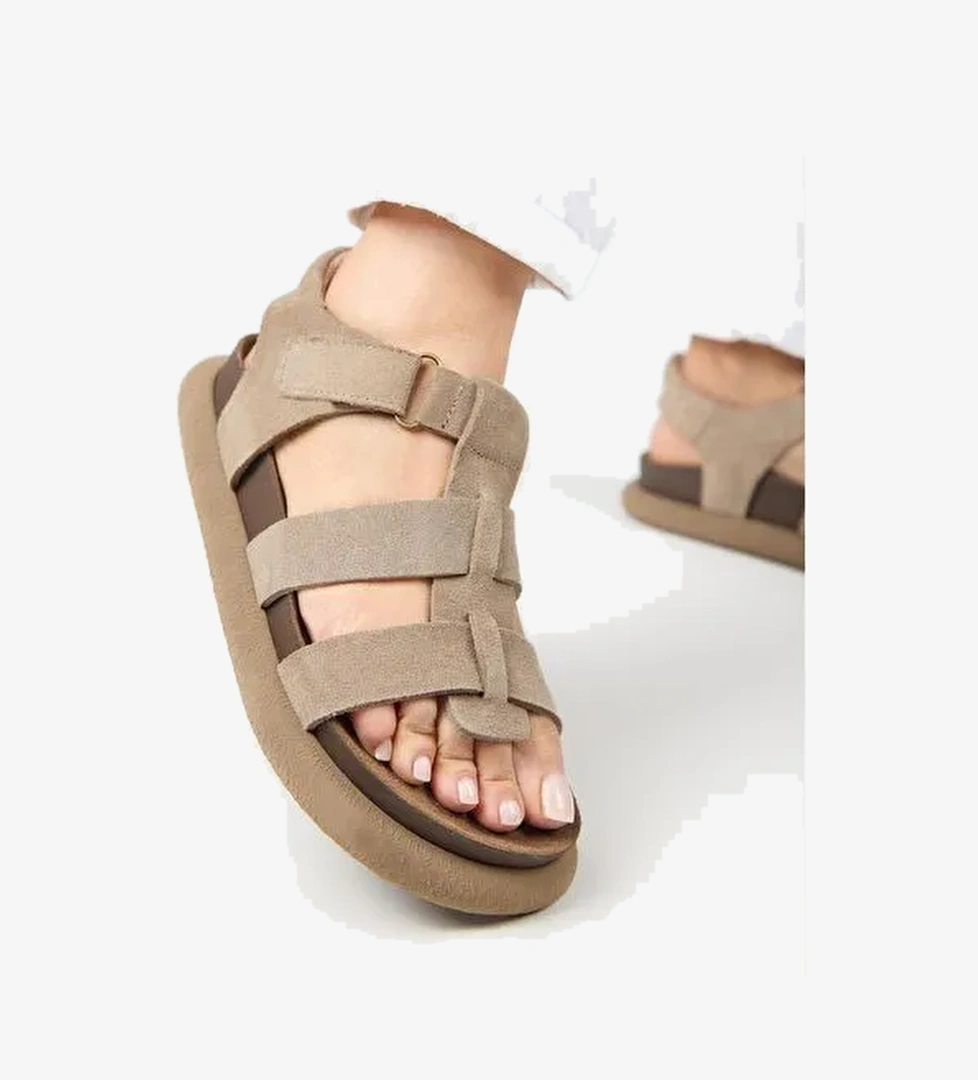 Manijero Capra Kadın Hakiki Deri Atkılı Cırtlı Vizon Sandalet - Görsel 1