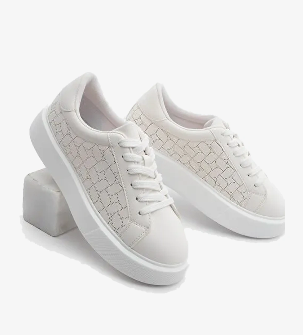 Kadın Sneaker Kalın Taban Desenli Bağcıklı Spor Ayakkabı Linay Beyaz - Görsel 1