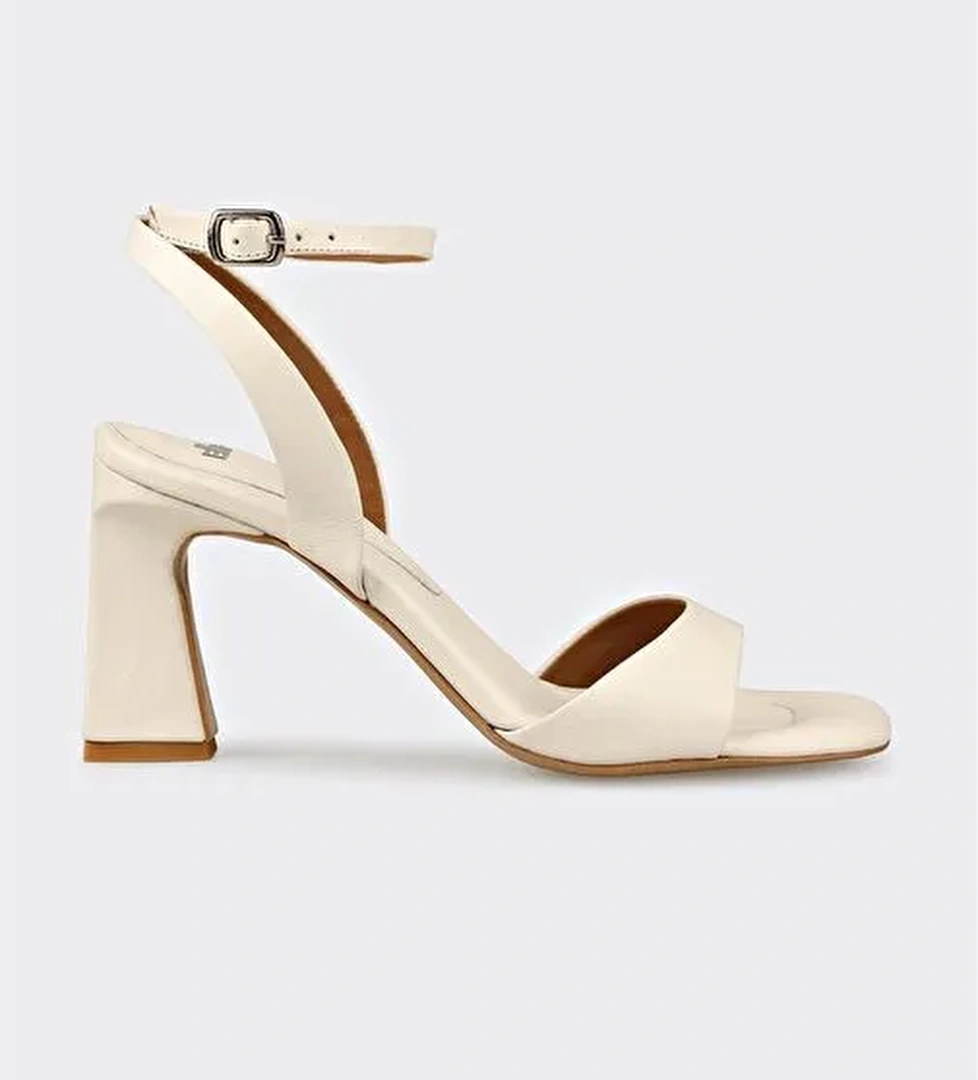 Ekru Deri Kadın Topuklu Sandalet - Görsel 1