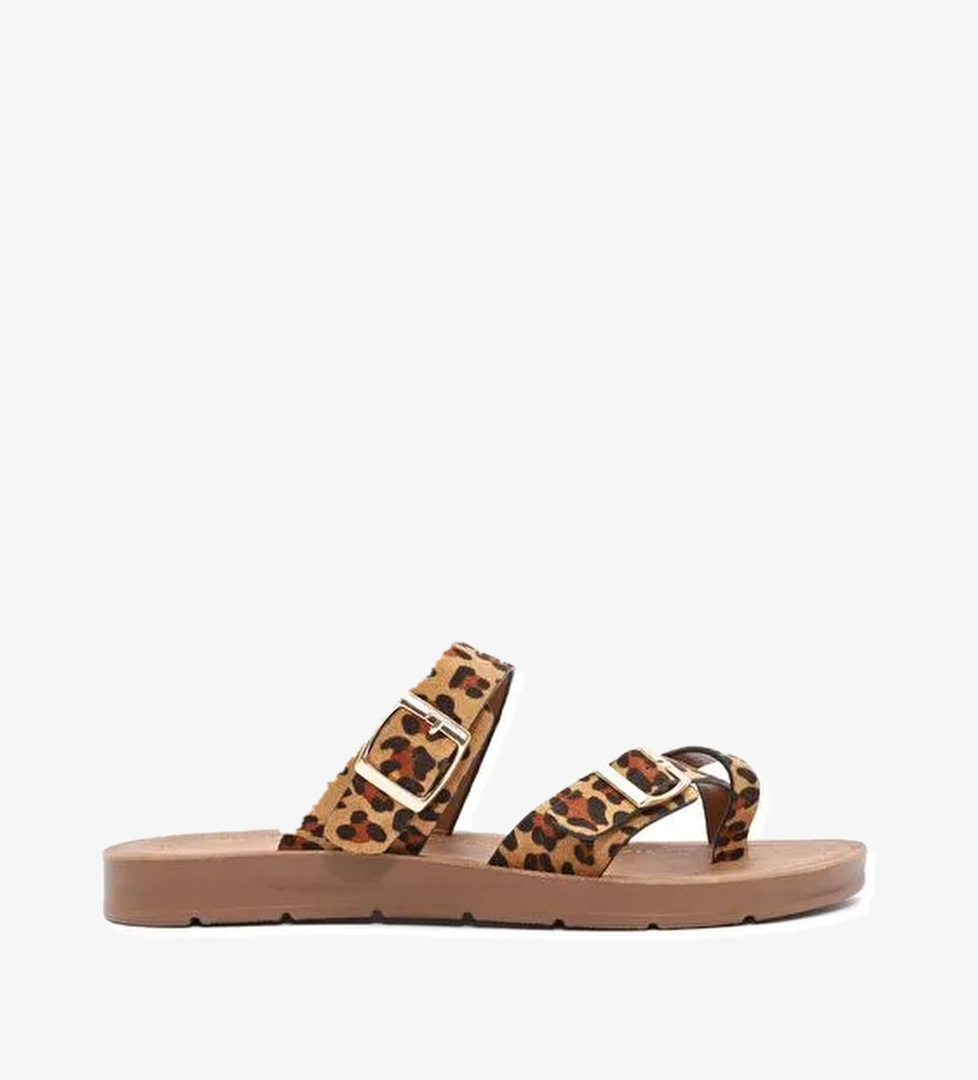 Kadın Leopar Desenli Parmak Arası Süet Terlik 25SFE460110 - Görsel 1