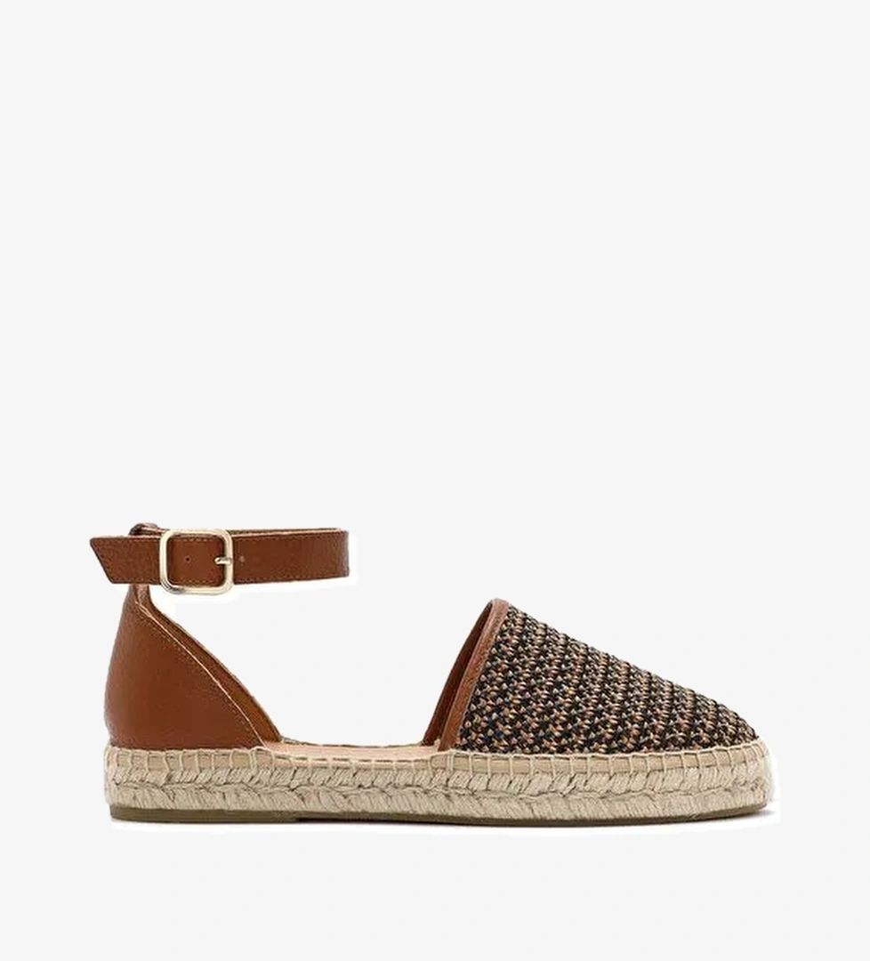 Kadın Taba Bilekten Tokalı Hasır Deri Espadril Sandalet 25SFD4573M7 - Görsel 1