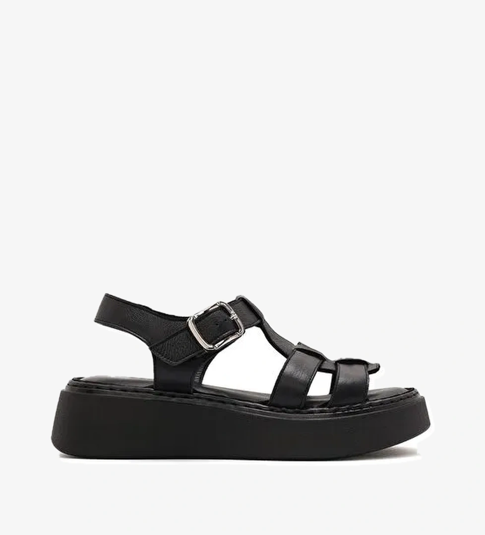 Kadın Siyah Tokalı Kalın Tabanlı Deri Comfort Sandalet 25SFD343018 - Görsel 1