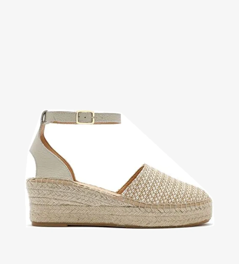 Kadın Bej Bilekten Tokalı Dolgu Topuklu Hasır Deri Espadril Sandalet 25SFD4574M7 - Görsel 1
