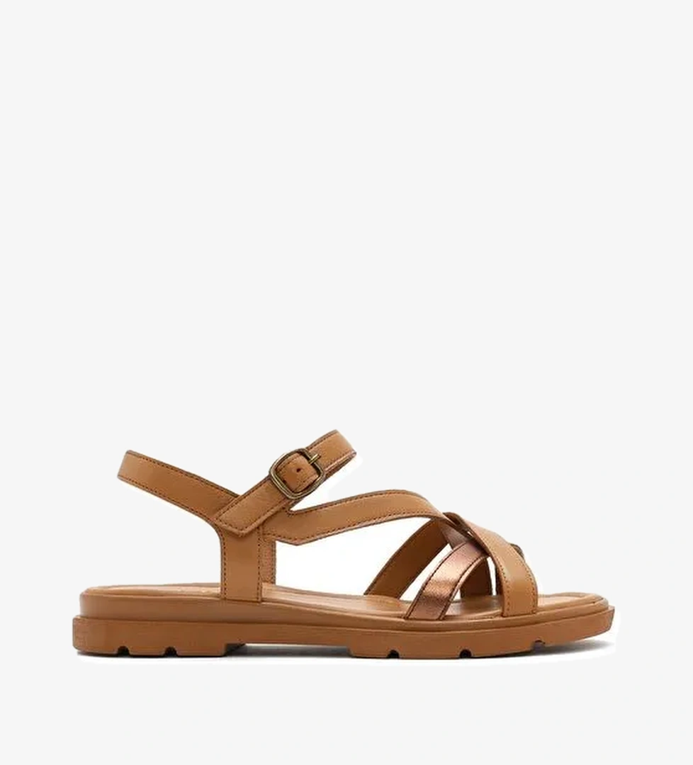 Kadın Taba Bilekten Tokalı Deri Sandalet 25SFD341614 - Görsel 1